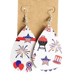 USA Flag Fireworks BBQ Earrings Faux Leather Teardrop Dangle 4th  July Patriotic